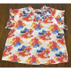 Zac & Rachel Women’s Plus Size 2X Shirt Blouse White W/Flowers Ruffled S/S New!